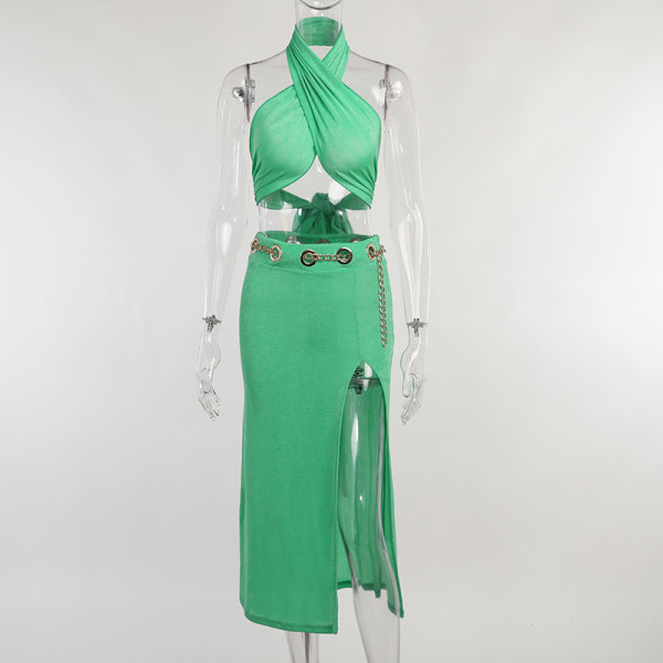 Metal chain hollow halter dress sexy temperament commuter slit long skirt