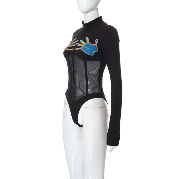 Casual hand-printed long-sleeve slim-fit mesh bodysuit