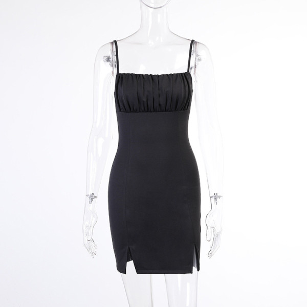 Gathered Double Slit Sexy Slim Fit Sling Dress