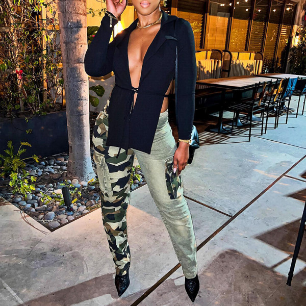 Camouflage Denim Panel Button Pocket Slim Fit Casual Trousers
