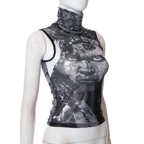 Casual Turtleneck Face Print Sleeveless Mesh Slim Top