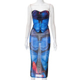 Casual Butterfly Print Wrap Chest Tie Tunic Long Dress Set
