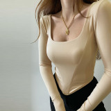 Fishbone Tunic Long Sleeve Top Summer U Neck High Waist T-Shirt