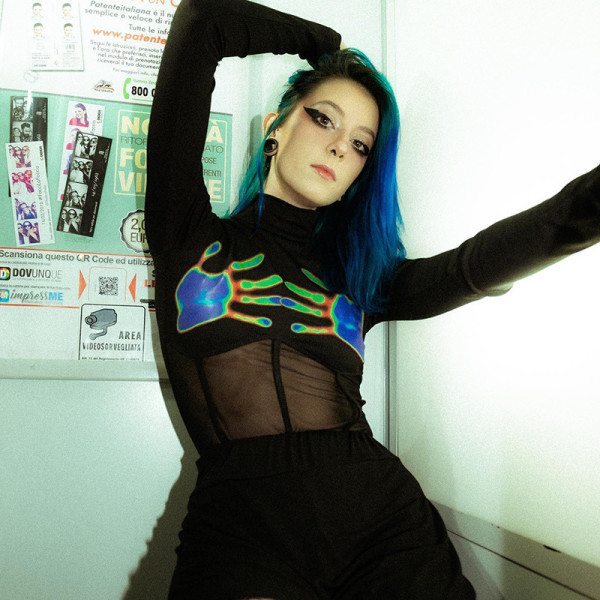 Casual hand-printed long-sleeve slim-fit mesh bodysuit