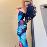 Casual Butterfly Print Wrap Chest Tie Tunic Long Dress Set