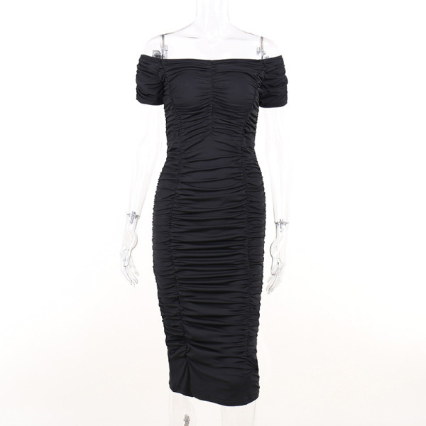 One-shoulder gathered dress solid color long skirt temperament elegant summer women's dress