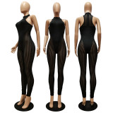 Solid Color Mesh Panel Sexy Perspective Slim Bodysuit