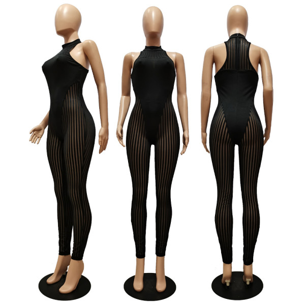 Solid Color Mesh Panel Sexy Perspective Slim Bodysuit