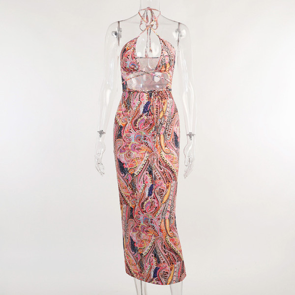 Printed halterneck dress sexy temperament slip dress