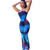Casual Butterfly Print Wrap Chest Tie Tunic Long Dress Set