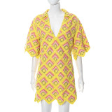 Fashion woolen contrast color lapel floral temperament dress