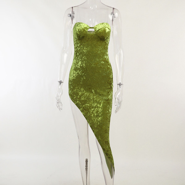 Glossy Tube Top Asymmetric Dress Sexy Backless Dress