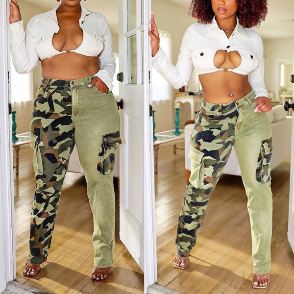 Camouflage Denim Panel Button Pocket Slim Fit Casual Trousers