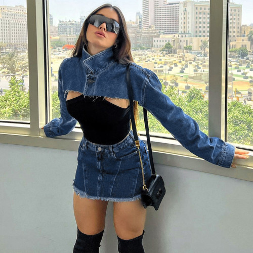 Short denim jacket trendy women's long sleeve crop top