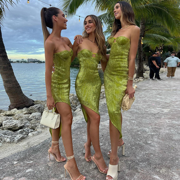 Glossy Tube Top Asymmetric Dress Sexy Backless Dress