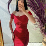 One-shoulder gathered dress solid color long skirt temperament elegant summer women's dress