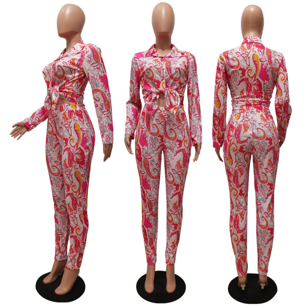 Printed Multicolor Long Sleeve Shirt Trousers Home Casual Set