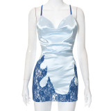 The new lace stitching sleeveless suspenders open back home dress