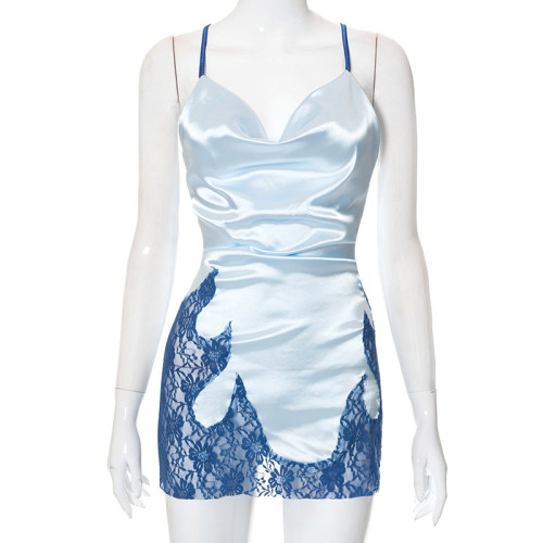 The new lace stitching sleeveless suspenders open back home dress