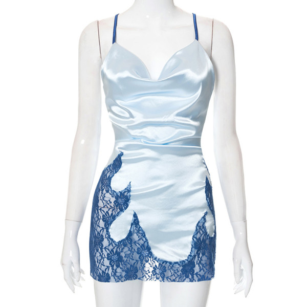 The new lace stitching sleeveless suspenders open back home dress