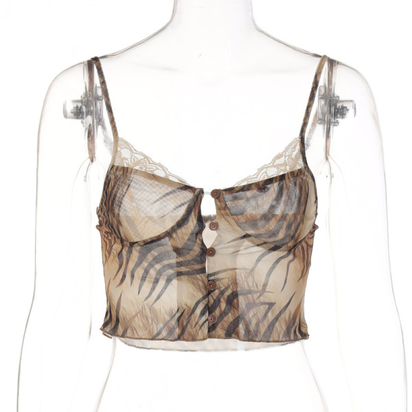Mesh Print V-Neck Lace Crop Camisole Tank Top