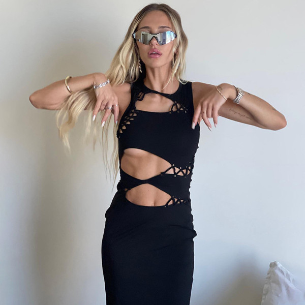 Solid Color Casual Sleeveless Cutout Tie Navel Long Dress