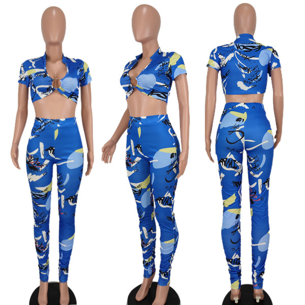 Deep V stand-up collar print slim fit two-piece suit