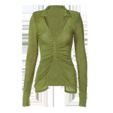 Lapel Long Sleeve Hook Button Slim Fit Cardigan Top