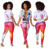 Hip Hop Street Fringe Ties T-Shirt Print Pants Set