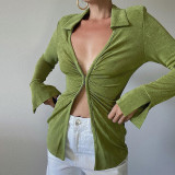 Lapel Long Sleeve Hook Button Slim Fit Cardigan Top