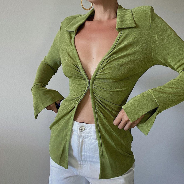 Lapel Long Sleeve Hook Button Slim Fit Cardigan Top