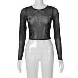 Women's chest letter hot diamond round neck mesh long-sleeved short T-shirt top