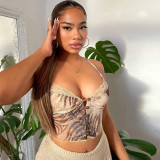 Mesh Print V-Neck Lace Crop Camisole Tank Top