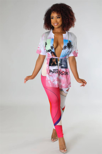 Hip Hop Street Fringe Ties T-Shirt Print Pants Set