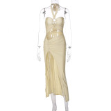 Solid Color Wrap Bust Halter Tie Ring Link Cutout Slit Dress