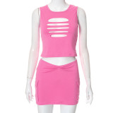 Sleeveless Round Neck Cropped Navel Top Pocket Short Skirt Burning Flower Set