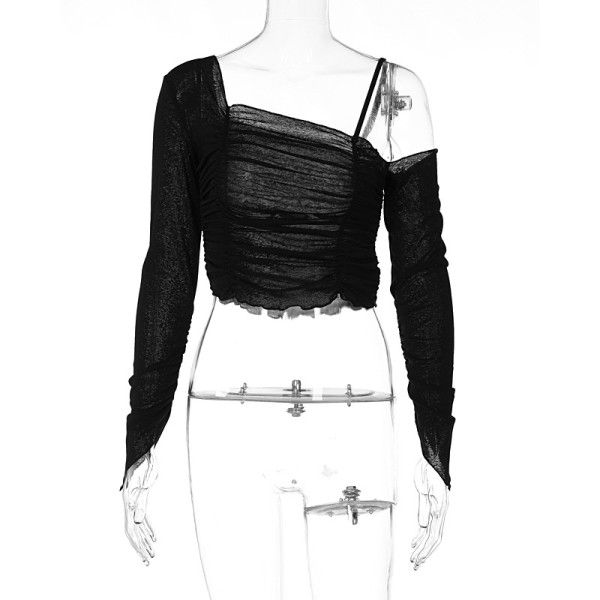 Off-the-shoulder irregular long-sleeved thin T-shirt top