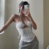 One word neck halter lace up vest sexy wrap chest solid color top