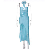 Solid Color Wrap Bust Halter Tie Ring Link Cutout Slit Dress