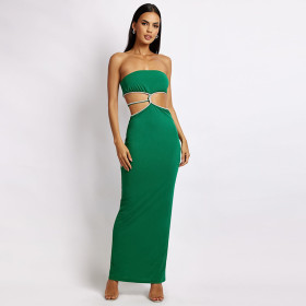 Solid Color Casual Hollow Silver Trim Tube Top Slim Long Dress