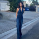 Slim fit and slim zipper sleeveless V-neck high waist fashion retro style denim jumpsuit