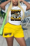 Cartoon Yellow Print T-Shirt Shorts Two-Piece Set
