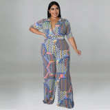 Short Sleeve Deep V Neck Printed Casual Jumpsuit