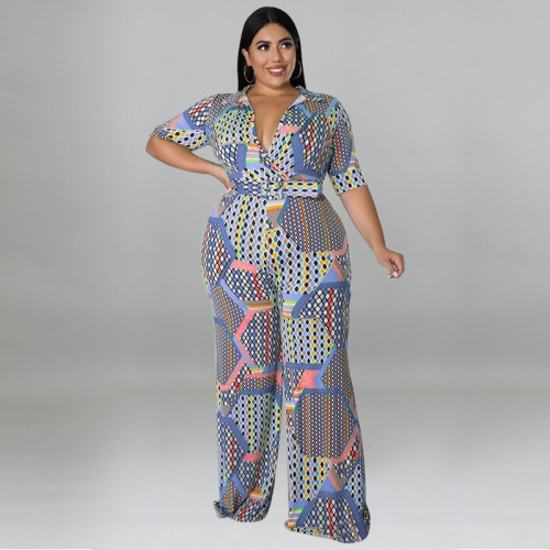 Short Sleeve Deep V Neck Printed Casual Jumpsuit