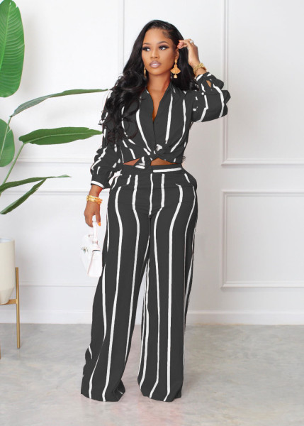 Striped Print Long Sleeve Shirt Trousers Two-Piece Set