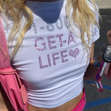 Street hipster round neck pullover short-sleeved T-shirt letter hot drill with a slim top