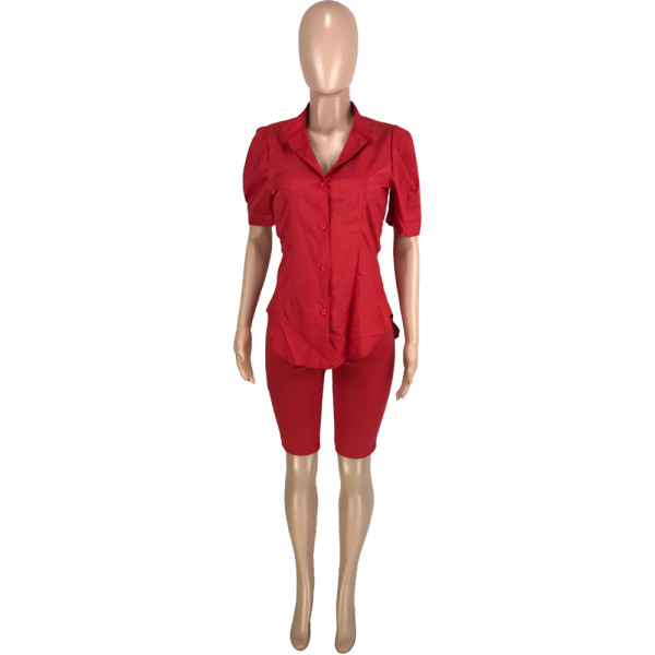 Women's Fashion Casual Solid Color Waist Cuff Pleated Cardigan Loose Shirt Shorts Two-piece Set