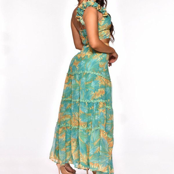 Temperament lotus leaf hollow top printed slit long skirt two-piece suit