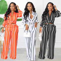 Striped Print Long Sleeve Shirt Trousers Two-Piece Set