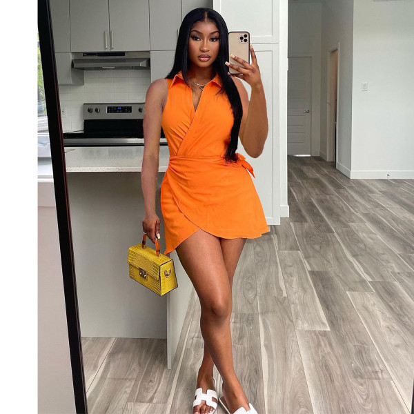 Sleeveless Solid Color Tie Sexy Dress